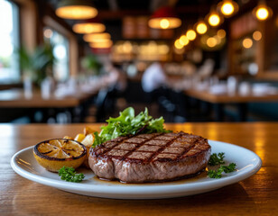 Steak on a table in a cafe. Generated by AI