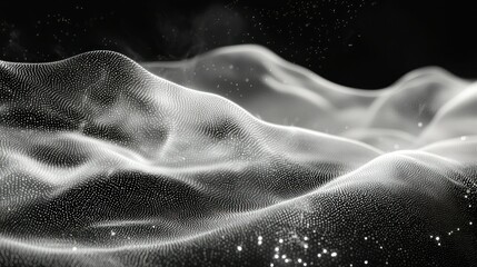 Obraz premium Abstract grayscale digital landscape, flowing particles, ethereal digital art, calming wave-like patterns, dark background, modern artwork, technological texture.