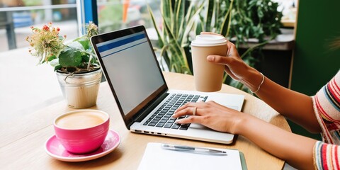 Young adult using laptop in cafe, holding coffee cup near window