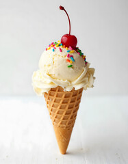 Vanilla Ice Cream in Waffle Cone with Rainbow Sprinkles and Cherry