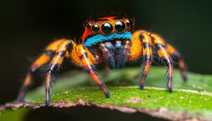 Vibrant jumping spider on leaf (1)
