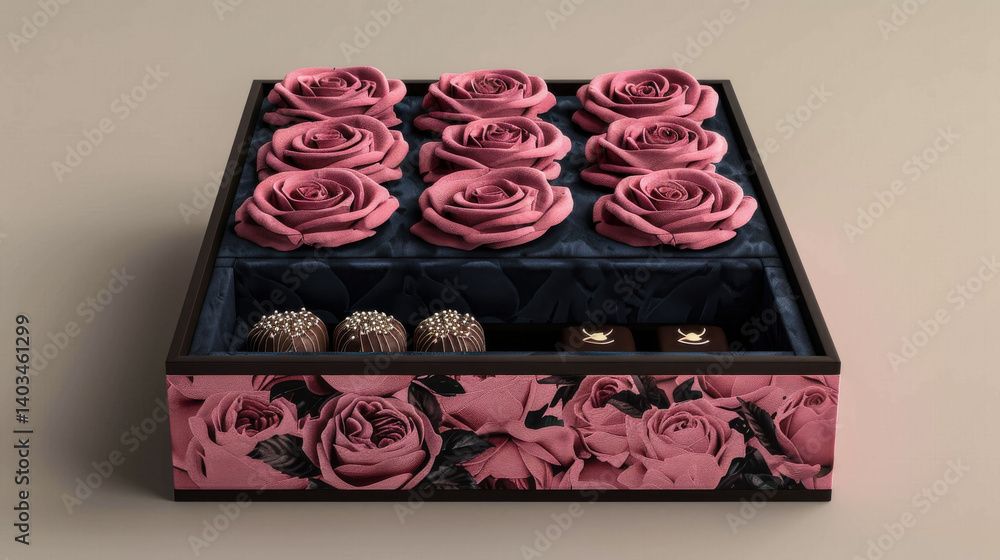 Poster a box of chocolates and roses is displayed on a table. the box is pink and has a floral design. the 