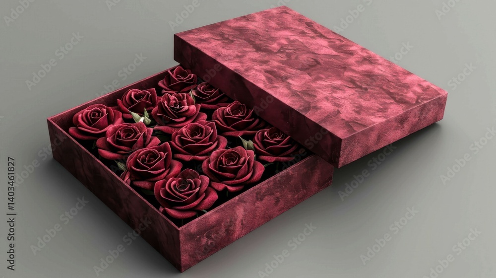 Poster a box of red roses is opened to reveal a dozen roses. the box is made of a shiny material and has a 