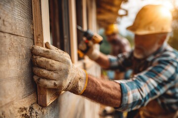 An experienced senior carpenter working on the renovation of a vintage wooden house, carefully fitting a new window frame and using a power drill in the process.