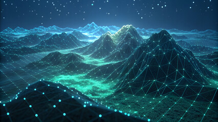 Naklejka premium Abstract digital terrain visualization 3d mountain landscape virtual environment night view conceptual art for seo impact