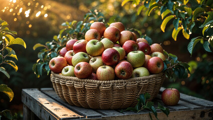 Harvested Apples In A Woven Basket On A Rustic Wooden Table Autumnal Sunlight