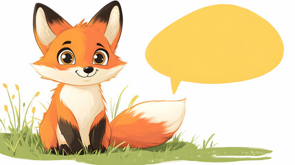 Fototapeta premium Cute cartoon fox with speech bubble on grass background