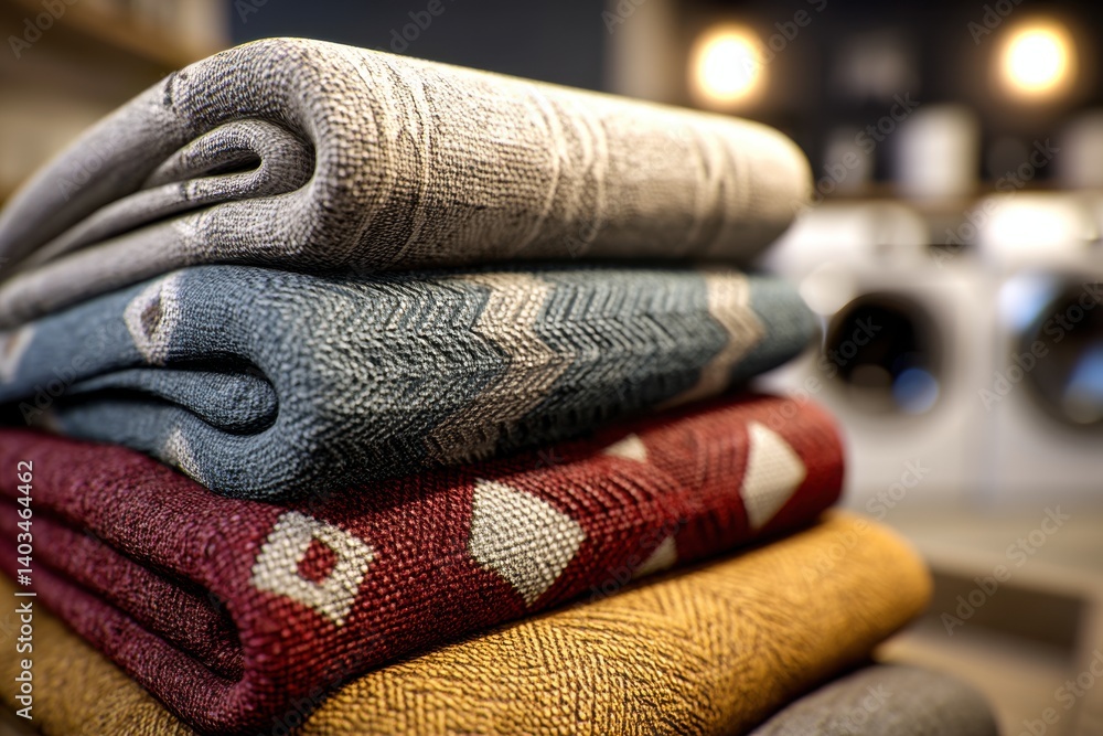 Poster a neatly stacked pile of colorful patterned blankets in a laundry room, showcasing soft textures and