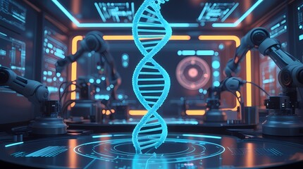 Neon DNA Helix in Hi-Tech Lab – Holographic Data, Robotic Arms & Digital Circuits – Futuristic Biotechnology Concept