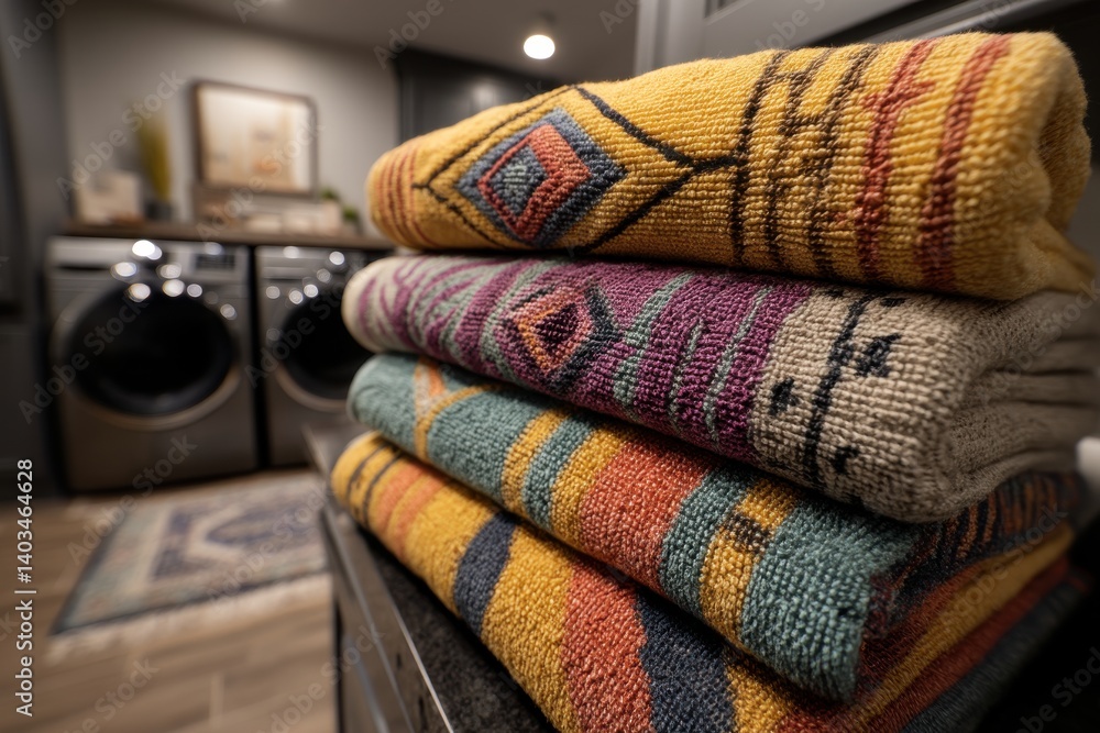 Poster a stack of neatly folded colorful towels with intricate patterns, sitting on a counter in a laundry 