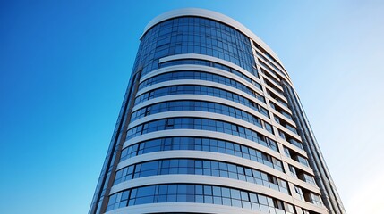 Obraz premium Modern Glass Skyscraper with Curved Facade Under Blue Sky