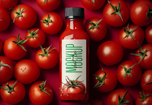 Tomato Sauce Bottle Mockup with Fresh Tomatoes &mdash; Realistic Red Packaging Design for Organic Ketchup, Puree or Condiment Branding

