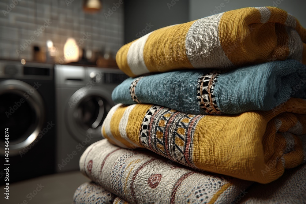 Poster a neatly stacked pile of folded, colorful blankets with geometric pattern in a laundry room, creatin