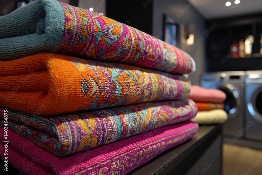 Poster a neatly stacked pile of colorful towels with vibrant patterns in a laundry room, showcasing freshly