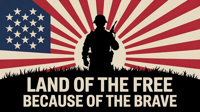 Armed Forces Salute, Military Soldier or Boy Scout Banner, soldier silhouette in front of sunburst and flag,  'Land of the Free Because of the Brave', banner, poster, created with generative ai
