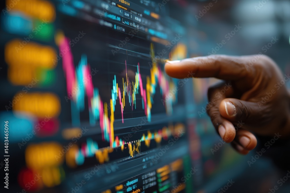 Poster close-up of a person's hand pointing at a stock market graph on a screen, analyzing data trends and 
