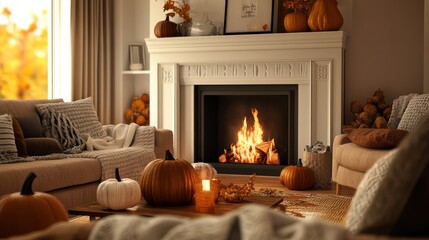 A warm fall-themed living space with an elegant fireplace, deep earthy tones, decorative pumpkins, and soft knitted throws adding texture
