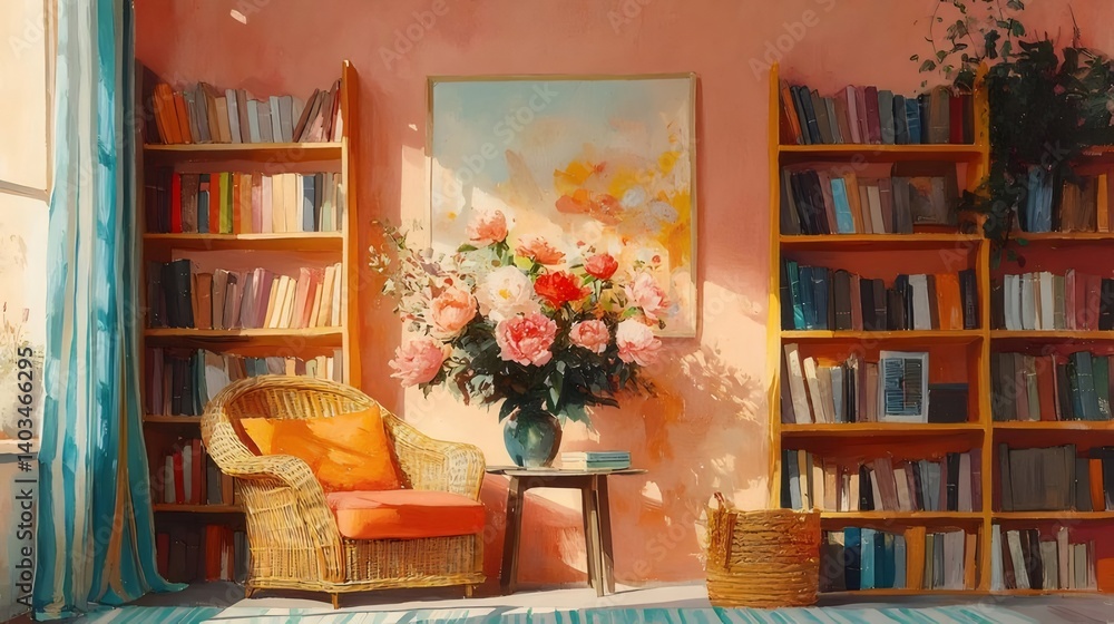 Poster ピンク色の壁と本棚に囲まれた部屋 花瓶に入った花が置かれた籐の椅子 窓からの光が差し込む明るい水彩画風インテリア