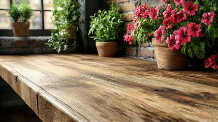 Fototapeta premium Rustic Wooden Table with Blooming Flowers and Herbs