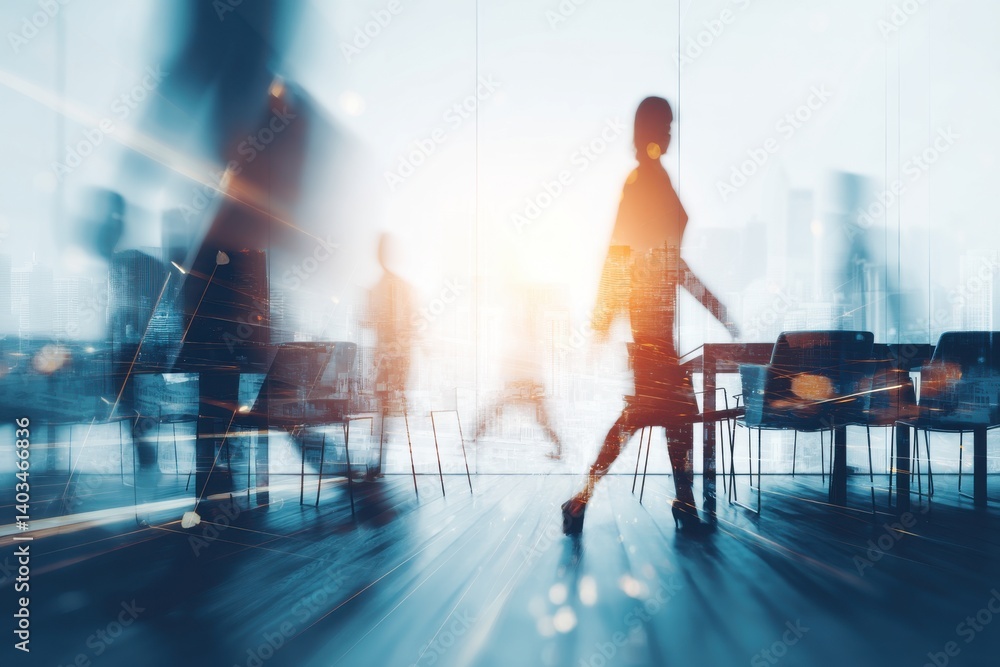 Poster abstract blurred motion of business people walking in modern office with city view, creating a dynam
