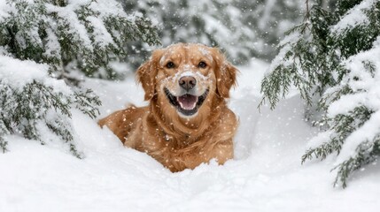 Dog with a happy face playing in the snow, surrounded by trees.