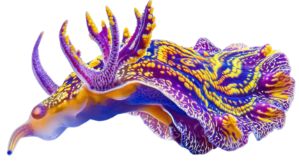 The Colorful Nudibranch: A vibrantly colored nudibranch, a type of sea slug, showcases its intricate patterns and unique beauty, its bright purple, yellow.