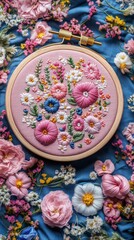 Fototapeta premium Beautiful floral embroidery displayed on a vibrant blue fabric background featuring a variety of colorful flowers and threads