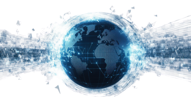 Global connectivity: A mesmerizing digital artwork depicting a glowing globe enveloped by a network of interconnected lines and nodes.