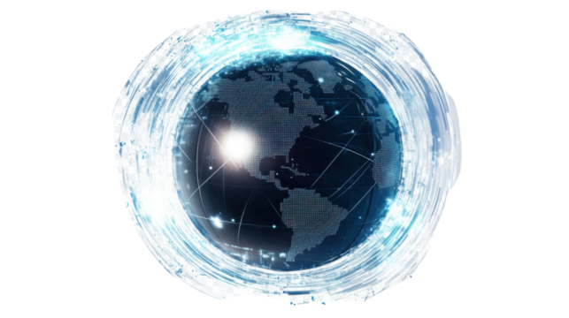 Global Network: A mesmerizing digital rendition of planet earth, enveloped by an intricate network of interconnected lines, radiates a sense of advanced technology, globalization.