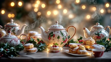 Fototapeta premium A whimsical Christmas tea party table adorned with festive china, fresh holly, an assortment of pastries, and twinkling fairy lights