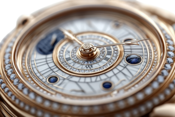 Exquisite rose gold watch diamond encrusted intricate celestial design mother of pearl dial sapphire