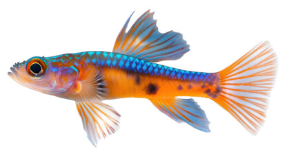 Fototapeta premium Vibrant Aquarium Fish: A close-up, high-angle shot reveals the mesmerizing beauty of a brightly colored aquarium fish, showcasing its intricate patterns and radiant hues in detail.
