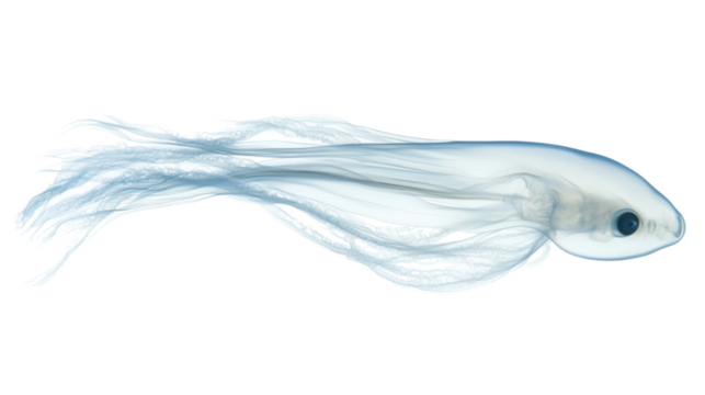 Transparent Fish: An ethereal and translucent fish with delicate fins, its inner skeletal structure visible, swims effortlessly through the water.
