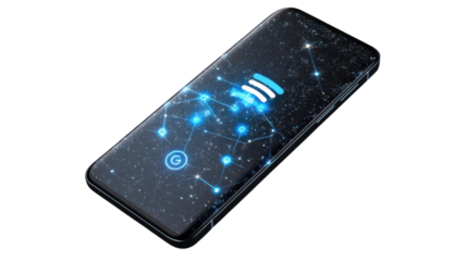 Smartphone connectivity: A futuristic smartphone with a network pattern display showcases a realm of technological progress, offering a sense of connectivity and digital life.