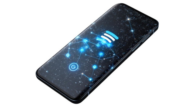 Smartphone connectivity: A futuristic smartphone with a network pattern display showcases a realm of technological progress, offering a sense of connectivity and digital life.