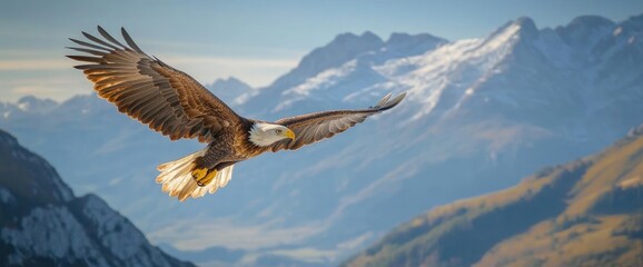 Naklejka premium Bald eagle soaring mountains; freedom, wildlife