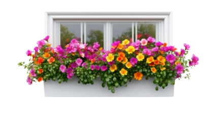 Blooming Window Box: A vibrant display of colorful flowers cascades from a window box, framing the sunlit view beyond, creating a picturesque scene of floral abundance.