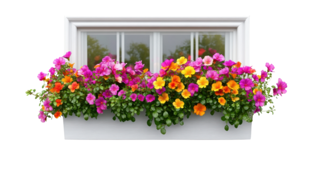 Blooming Window Box: A vibrant display of colorful flowers cascades from a window box, framing the sunlit view beyond, creating a picturesque scene of floral abundance.