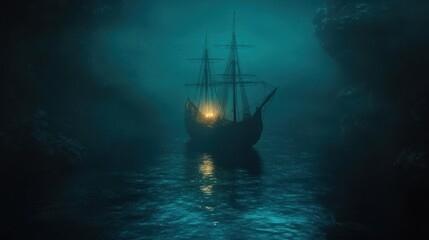 Obraz premium A dark and mysterious ship sails through a misty underwater cavern.