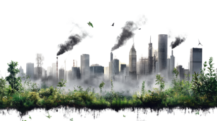 Urban-Nature Clash: A juxtaposition of towering skyscrapers and lush greenery, symbolizing the impact of industrialization. Dark smoke billows from the city.