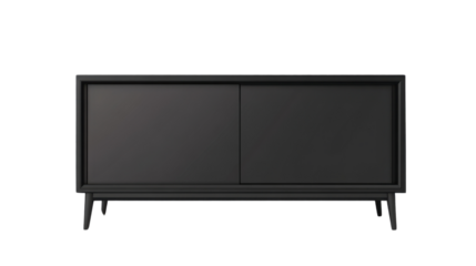 Sleek Black Credenza: A modern black credenza with sliding doors stands, offering a clean, minimalist aesthetic for contemporary interior design.
