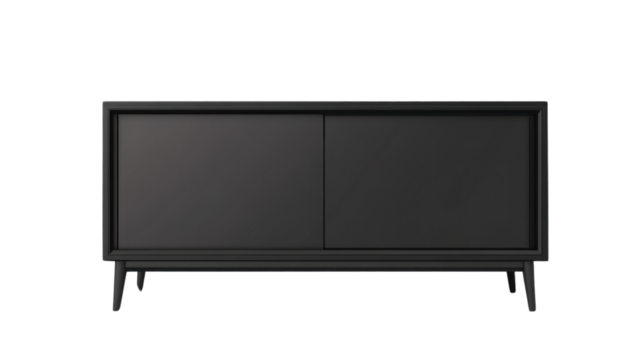 Sleek Black Credenza: A modern black credenza with sliding doors stands, offering a clean, minimalist aesthetic for contemporary interior design.