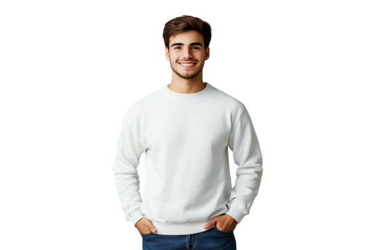 Young Man Smiling Wearing Plain White Sweatshirt and Blue Jeans with Hands in Pockets on Transparent Background