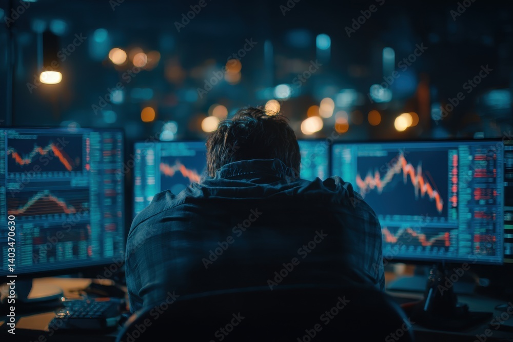 Aufkleber a dedicated stock trader analyzing market trends on multiple monitors late at night, with financial 