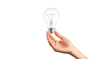 A hand holding a light bulb symbolizing ideas, innovation, and creativity on a white isolated background.