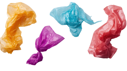 Colorful Plastic Waste: Vibrant plastic bags dance in mid-air, showcasing the impact of environmental waste on the world. Emphasizing the urgent need for recycling and sustainability. 