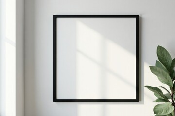 Modern black frame hanging on a bright white wall , shadow, artwork, display