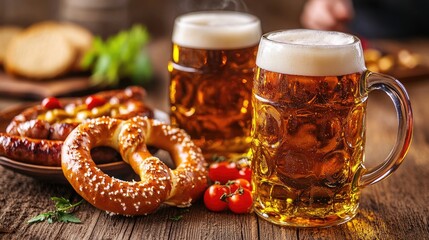 Bavarian beer, pretzels, sausages; rustic table. Oktoberfest food