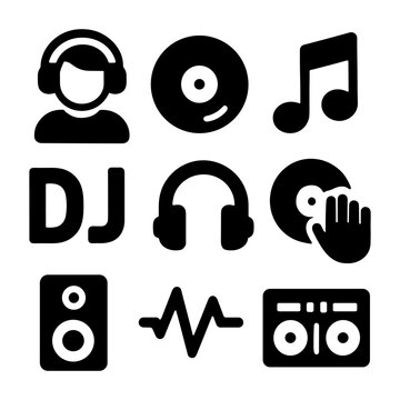 DJ icons set collection of black solid DJ and music vector icons featuring headphones, vinyl record, music note, DJ lettering, turntable, speaker, waveform, and boombox on a white background