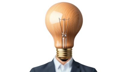 Creative concept of a businessman with a wooden light bulb for a head, representing innovative ideas and inspiration.